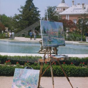 Caballete con cuadro con paisaje del Jardín del Parterre, junto a la Fuente de Ceres, en Aranjuez