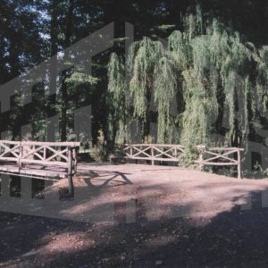 Puente de madera sobre estanque en el Jardín del Príncipe en Aranjuez