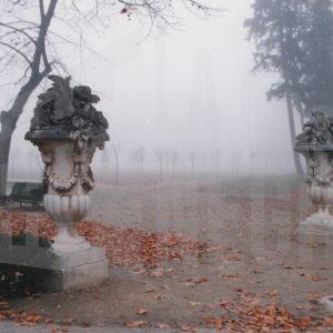 Dos jarrones de la Plaza de Pamplona en el Jardín del Príncipe en Aranjuez en un día de niebla