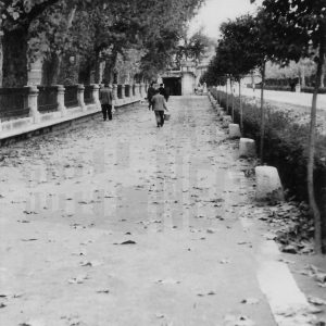 Varias personas paseando por la Plaza de San Antonio junto al Jardín de Isabel II en Aranjuez