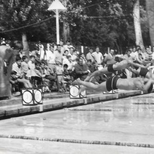 Nadadores saltando a la piscina en una competición de natación en Aranjuez