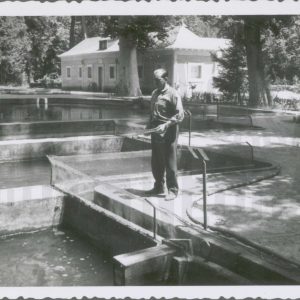 Señor echando de comer a las truchas en el antiguo criadero del Jardin del Principe