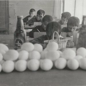 Retrato de alumnos en sus pupitres con varias docenas de huevos y dos botellas de cristal en primer plano