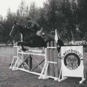 Un jinete militar durante una competición de saltos hípicos en Aranjuez