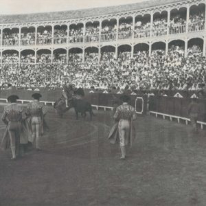 Picador a caballo clavando la pica a un toro durante una corrida en Aranjuez