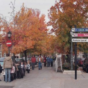 Personas paseando y niños y niñas de un colegio en el paseo central de la Calle Capitán de Aranjuez