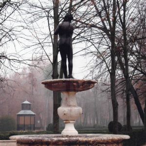 Vista posterior de la Fuente de Venus del Jardín de la Isla de Aranjuez, al fondo la Pajarera