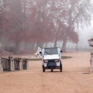 Vehículo de limpieza en el acceso al Jardin del Parterre desde el Jardín de la Isla de Aranjuez entre la niebla