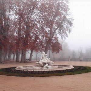 Fuente de la Boticaria en el Jardín de la Isla de Aranjuez bajo la niebla