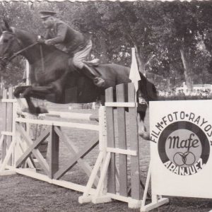 Un jinete militar a caballo durante un concurso de saltos en Aranjuez