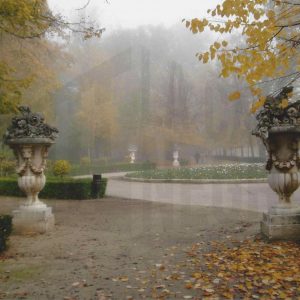 Día de niebla en la Plaza de Pamplona del Jardín del Príncipe de Aranjuez