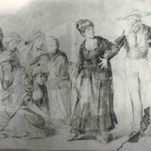 Detalle de los dibujos sobre pared atribuidos a Goya en la antigua casa de la Duquesa de Alba en Aranjuez