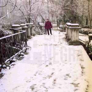 José Luis Talavera junto a la ría del Jardín de la Isla de Aranjuez nevado