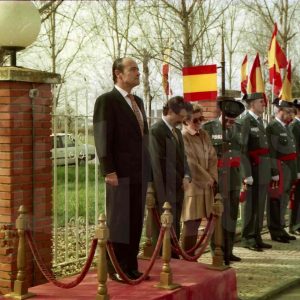 El Coronel, Rafael Yuste Martínez junto al Director General de la Guardia Civil y al Alcalde de Aranjuez, José María Cepeda, durante el acto de su toma de posesión como Director de la Academia de Aranjuez