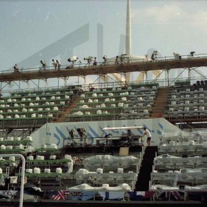 Gradas para la prensa en la sede de las pruebas de natación del Pentatlon moderno de los Juegos Olímpicos de 1992