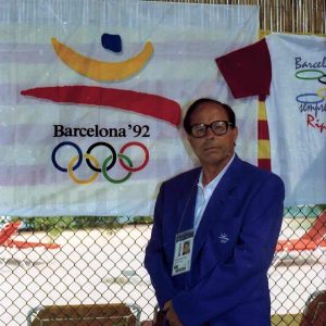 Antonio Talavera en la sede de las pruebas de natación de las pruebas de Pentatlon moderno de los Juegos Olímpicos de 1992