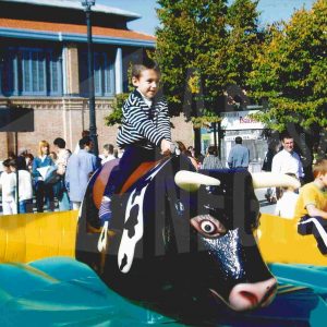 Unos niños juegan en un hinchable en la Plaza de la Constitución de Aranjuez