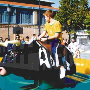 Un niño juega en un hinchable en la Plaza de la Constitución de Aranjuez