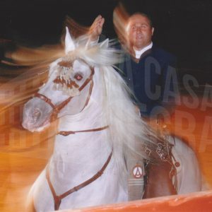 Foto movida de un jinete y su caballo durante el espectáculo Passionata Andaluza en Aranjuez
