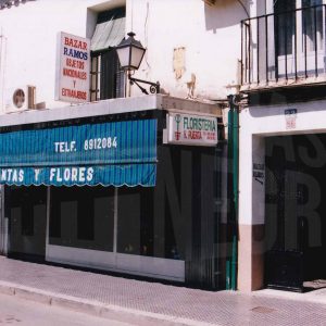 Edificio con una floristería y la puerta de entrada a una corrala en la Calle Capitán de Aranjuez