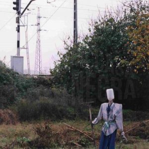 Espantapájaros junto a la vía férrea