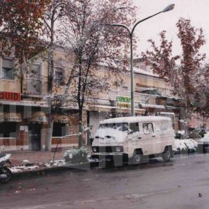 Edificios nevados en la calle del Príncipe de Aranjuez