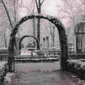 Fuente de las Arpías o del Niño de la Espina y alrededores en el Jardín de la Isla de Aranjuez tras una nevada