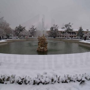Fuente de Ceres en el Jardín del Parterre de Aranjuez tras una nevada.