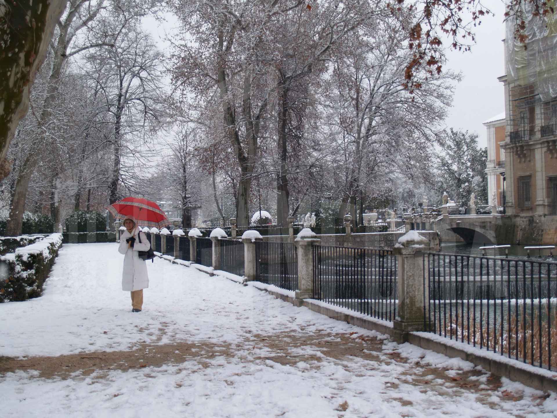 Una mujer en el Jardín de la Isla de Aranjuez tras una nevada